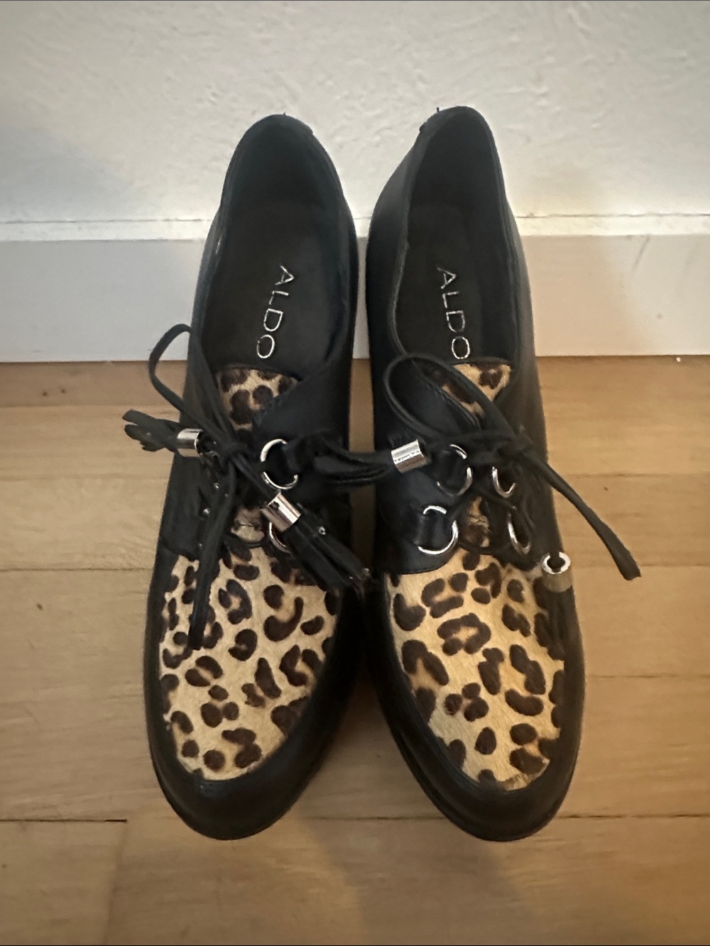ALDO Black Lace-Up platform Shoes with Leopard Print Panels